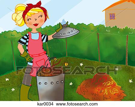 Stock Illustration - A woman putting leaves in a compost. Fotosearch