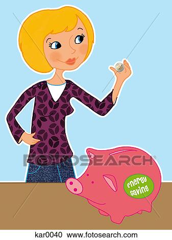 A woman putting money she saved by being environmentally friendly into a piggy bank View Large Illustration Clipart - A woman putting money she saved by being environmentally friendly into a piggy bank. Fotosearch