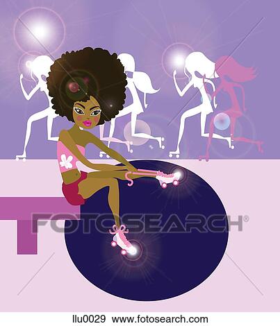A woman putting on roller skates at a roller disco Stock Illustration