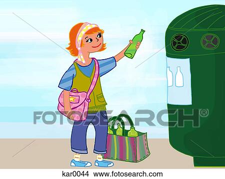Stock Illustration - A woman recycling glass bottles. Fotosearch