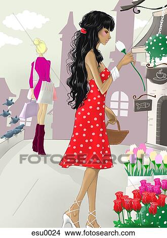 A woman smelling a flower at a flower shop View Large Illustration Stock Illustration - A woman smelling a flower at a flower shop. Fotosearch