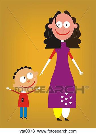 A woman standing next to a happy little boy View Large Illustration Drawing - A woman standing next to a happy little boy. Fotosearch