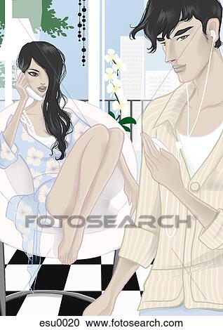 Clipart - A woman talking on a phone and a man listening to music in an apartment. Fotosearch
