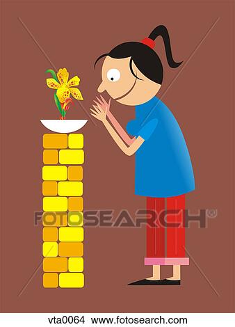 Stock Illustration - A woman tending to a flower on a plinth. Fotosearch
