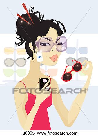 A woman trying on different glasses View Large Illustration Stock Illustration - A woman trying on different glasses. Fotosearch