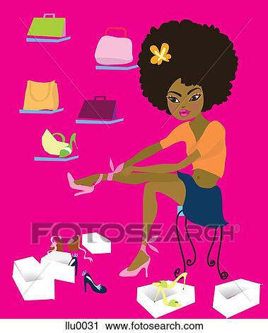 Clip Art - A woman trying on different shoes in a store. Fotosearch