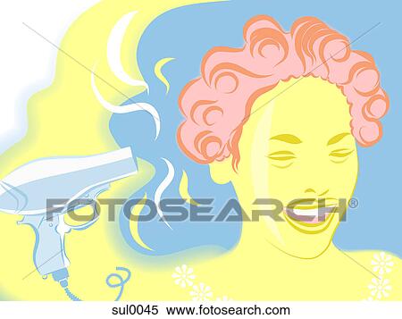 Stock Illustration - A woman using a hairdryer to set her hair in curls. Fotosearch