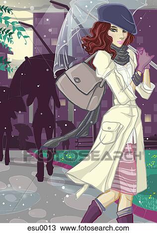 Drawing - A woman walking in the rain with an umbrella in the city. Fotosearch