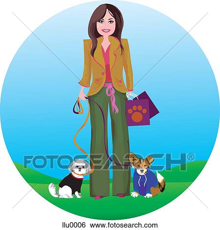 A woman walking two dogs while shopping View Large Illustration Stock Illustration - A woman walking two dogs while shopping. Fotosearch