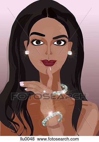 A woman wearing a diamond choker and bracelet with her finger to her mouth View Large Illustration Stock Illustration - A woman wearing a diamond choker and bracelet with her finger to her mouth. Fotosearch