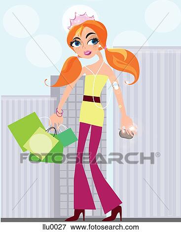 Stock Illustration - A woman wearing a pink crown and pampering herself with a shopping spree. Fotosearch