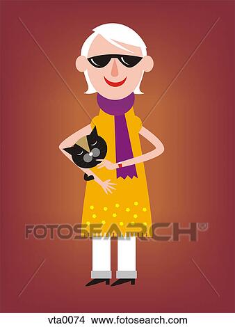 Stock Illustration - A woman wearing sunglasses and holding a black cat. Fotosearch