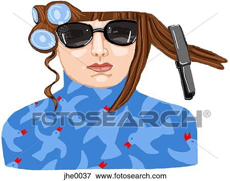 A woman wearing sunglasses with curlers on and a straightening iron View Large Illustration Stock Illustration - A woman wearing sunglasses with curlers on and a straightening iron. Fotosearch