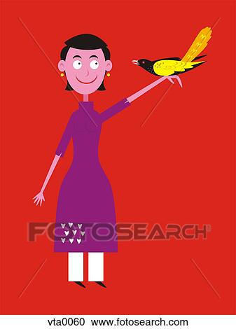 A woman with a bird sitting on her hand View Large Illustration Clipart - A woman with a bird sitting on her hand. Fotosearch
