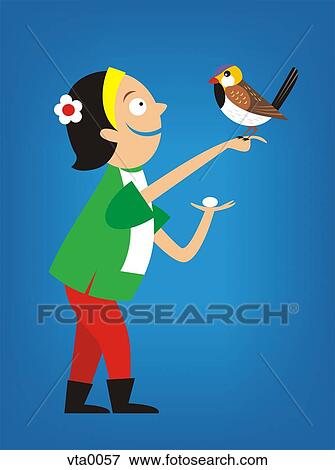 Stock Illustration - A woman with a bird sitting on her hand and an egg in the other. Fotosearch