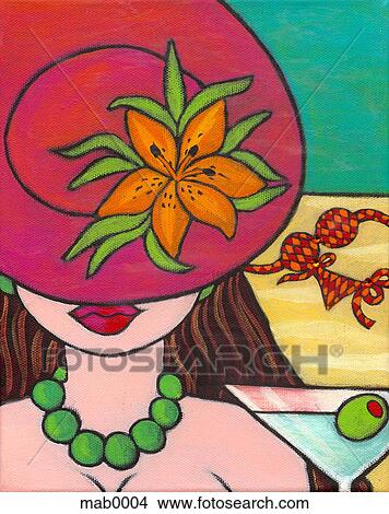 Stock Illustration - A woman with a hat over her eyes, holding a martini and her bikini on the ground behind her. Fotosearch