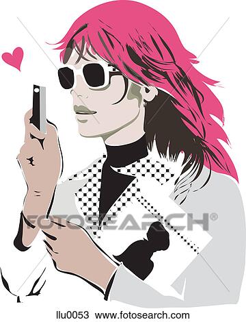 A woman with a heart floating from her cell phone View Large Illustration Drawing - A woman with a heart floating from her cell phone. Fotosearch
