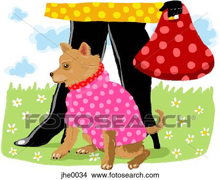 Stock Illustration - A woman with a large handbag and a small dog in a sweater. Fotosearch