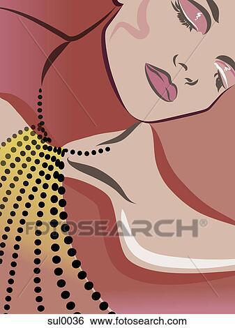 Stock Illustration - A woman with a long beaded necklace. Fotosearch