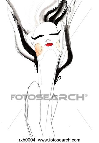 Stock Illustration - A woman with black hair blowing upwards. Fotosearch