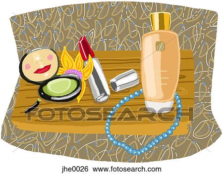Stock Illustration - A womans face reflected in a compact with other beauty products on a shelf. Fotosearch