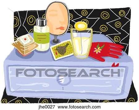 Stock Illustration - A womans face reflected in a mirror and perfume bottles on top of a dresser drawer. Fotosearch