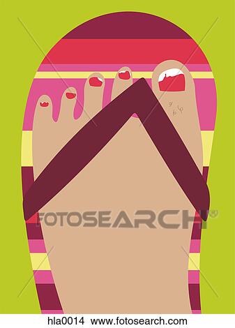 Stock Illustration - A womans foot in a thong sandal with broken toe nails and hairy toes. Fotosearch