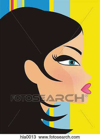 Drawing - A womans profile and a colored striped background. Fotosearch