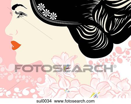 A womans profile surrounded by pink flowers View Large Illustration Stock Illustration - A womans profile surrounded by pink flowers. Fotosearch