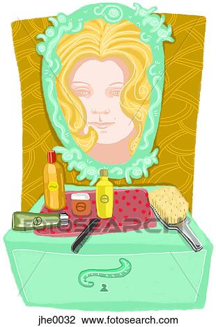 Drawing - A womans reflection in a vanity mirror. Fotosearch