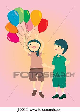 A young boy and girl releasing balloons View Large Illustration Drawing - A young boy and girl releasing balloons. Fotosearch