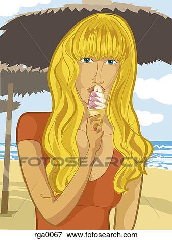 Stock Illustration - A young woman eating an ice cream cone on the beach. Fotosearch