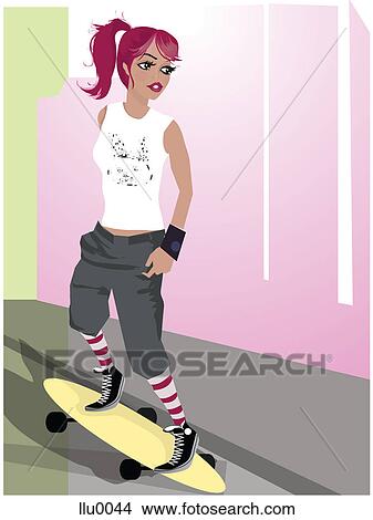 A young woman on a skate board View Large Illustration Stock Illustration - A young woman on a skate board. Fotosearch