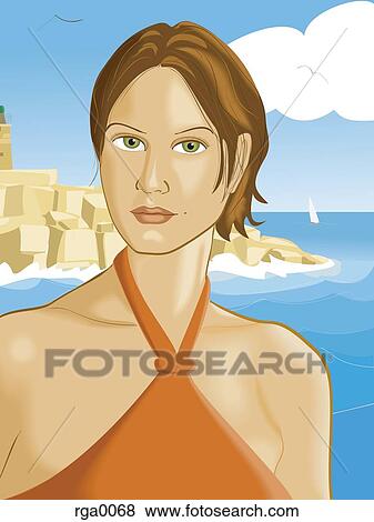 Stock Illustration - A young woman posing by the sea side. Fotosearch