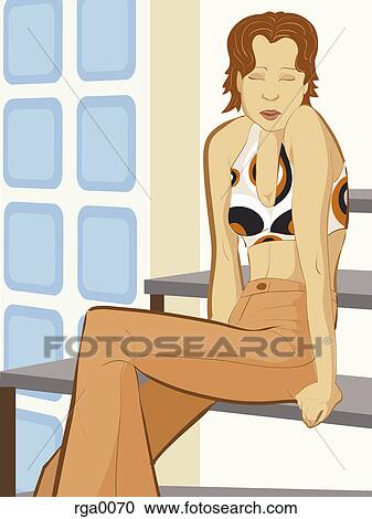 Clipart - A young woman sitting and posing on the stairs. Fotosearch
