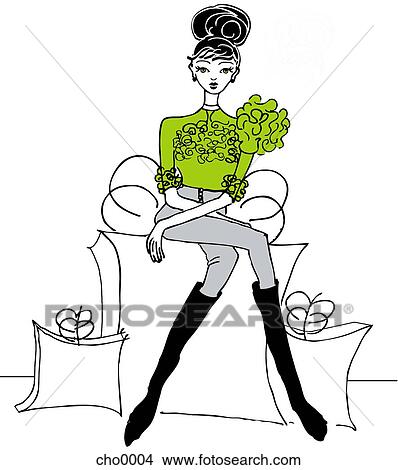 Stock Illustration - A young woman sitting on a giant gift box with shopping bags. Fotosearch
