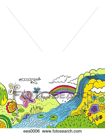 Stock Illustration - An airplane flying over a colorful landscape. Fotosearch