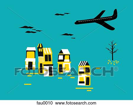 Clipart - An airplane flying over a small town. Fotosearch