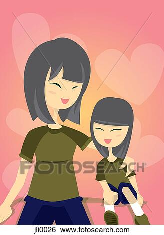 Stock Illustration - An older sister with her arm around her younger sister. Fotosearch