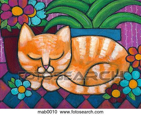 An orange tabby cat napping beside a flower pot View Large Illustration Clipart - An orange tabby cat napping beside a flower pot. Fotosearch