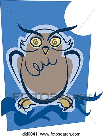An owl on a branch with the moon in the sky View Large Illustration Clip Art - An owl on a branch with the moon in the sky. Fotosearch