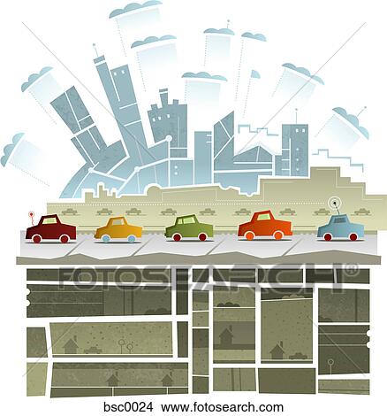 Cars driving along a road with a city in the background and an underground structure of houses View Large Illustration Stock Illustration - Cars driving along a road with a city in the background and an underground structure of houses. Fotosearch