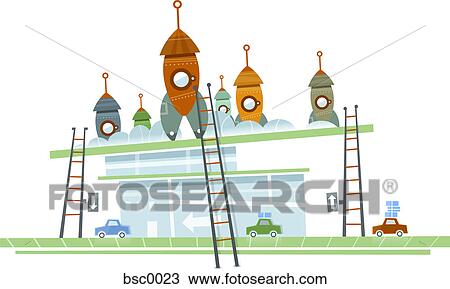 Cars parked next to a building with ladders leading up to a deck of rocket ships View Large Illustration Drawing - Cars parked next to a building with ladders leading up to a deck of rocket ships. Fotosearch