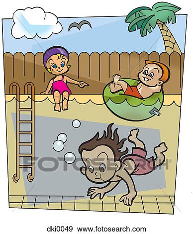 Stock Illustration - Children playing in an outdoor pool. Fotosearch
