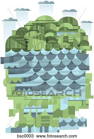 Drawing - Clouds raining down on a green hills and ocean waves. Fotosearch