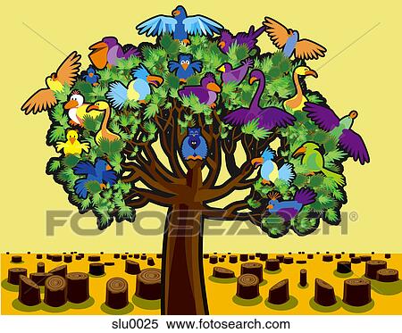 Different tropical birds all on one tree surrounded by tree stumps View Large Illustration Stock Illustration - Different tropical birds all on one tree surrounded by tree stumps. Fotosearch