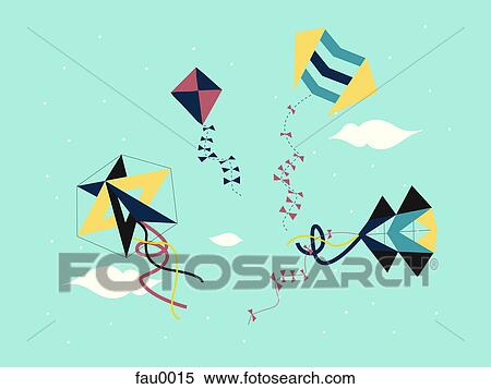 Four kites flying in the sky View Large Illustration Stock Illustration - Four kites flying in the sky. Fotosearch