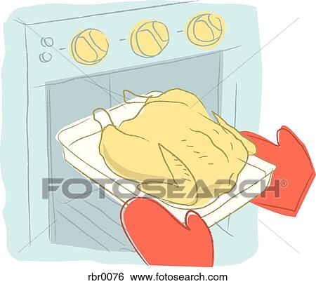 Stock Illustration - Hands in oven mitts taking a roast chicken out of the oven. Fotosearch