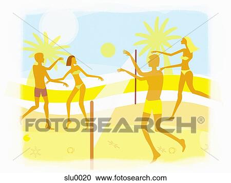 Clipart - Men and women playing beach volleyball. Fotosearch