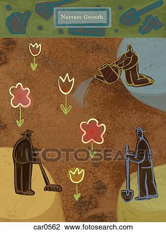 People gardening and the text: Nurture Growth View Large Illustration Drawing - People gardening and the text: Nurture Growth. Fotosearch
